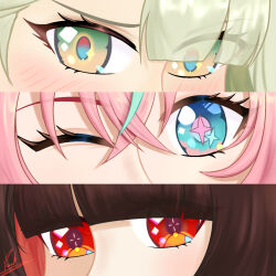  3girls angels_of_delusion aria_(zenless_zone_zero) black_hair blue_eyes blush crossed_bangs eye_focus farah_(user_cega5857) green_eyes green_hair hair_between_eyes multicolored_eyes multiple_girls nangong_yu one_eye_closed orange_eyes pink_hair sparkling_eyes sunna_(zenless_zone_zero) two-tone_eyes zenless_zone_zero 