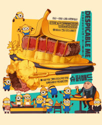  6+boys apron bald banana banana_peel black_hair blue_overalls chair cheddar_cheese colored_skin commentary copyright_name despicable_me english_commentary facial_hair food fork fruit goggles gru_(despicable_me) holding holding_food holding_fork knife korean_text meat minion_(despicable_me) multiple_boys mustache one_eye_closed open_mouth overalls pfbmp scarf steak striped_clothes striped_scarf table tongue tongue_out translation_request yellow_skin 