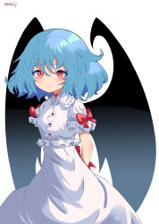  1girl absurdres arms_behind_back back_bow bat_wings blue_hair bow breasts choker closed_mouth collared_shirt commentary fangs fangs_out frilled_shirt_collar frills highres looking_at_viewer medium_hair mibukyt no_headwear puffy_short_sleeves puffy_sleeves red_bow red_choker red_eyes remilia_scarlet shirt short_sleeves simple_background skirt sleeve_bow small_breasts smile solo touhou twitter_username white_background white_shirt white_skirt wings 