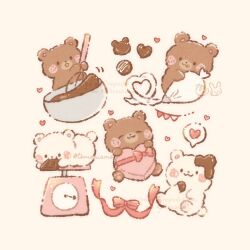  animal bear blush bowl box box_of_chocolates brown_eyes commentary_request happy heart heart-shaped_pupils highres holding licking_lips no_humans original ribbon simple_background smile symbol-shaped_pupils temariame14 tongue tongue_out twitter_username valentine weighing_scale whisk 
