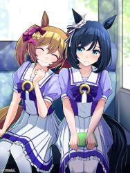  2girls animal_ears black_hair blue_eyes blush bob_cut bow bowtie breasts brown_hair bus closed_eyes closed_mouth commentary_request ear_scrunchie eishin_flash_(umamusume) hair_between_eyes hair_bow highres holding horse_ears horse_girl horse_tail leaning_on_person leaning_to_the_side medium_breasts medium_hair motor_vehicle multiple_girls multiple_hair_bows pink_bow pleated_skirt puffy_short_sleeves puffy_sleeves purple_bow purple_bowtie purple_shirt sailor_collar sailor_shirt school_uniform shirt short_hair short_sleeves sitting skirt smart_falcon_(umamusume) smile swept_bangs tail thigh-highs torinosukei tracen_school_uniform twintails umamusume white_sailor_collar white_skirt white_thighhighs yellow_bow 