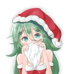  1girl alternate_costume aqua_eyes bare_shoulders blush boronoki breasts christmas commentary_request eyebrows_visible_through_hair fake_beard fur_trim green_hair hair_between_eyes hair_ornament hairclip hat holding kantai_collection long_hair looking_at_viewer santa_costume santa_hat simple_background small_breasts solo strapless upper_body white_background yamakaze_(kantai_collection) 