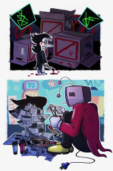 2boys absurdres ant_tenna black_hair black_pants black_suit box cardboard_box circle_facial_mark crt deltarune english_commentary facial_mark gloves highres holding holding_scissors justarandomart knees_to_chest male_focus multiple_boys no_symbol object_head pants paper pointy_nose red_paint red_suit scissors shoes shorts sitting spamton_g._spamton standing suit teeth utdr_(toby_fox) white_gloves white_pants white_shoes yellow_shoes 