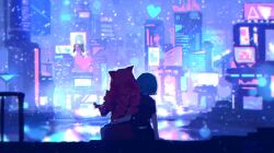  3girls absurdres animal_ears arm_at_side arm_rest black_shirt blue_hair blurry bokeh building cat_ears cat_girl city_lights cityscape commentary depth_of_field drill_hair english_commentary heart highres kira_miki lake multiple_girls neon_lights outdoors red_hair reflection reflective_liquid rnna scenery sei_asagiri shirt short_hair side-by-side sitting stella_hoshii va-11_hall-a wide_shot 