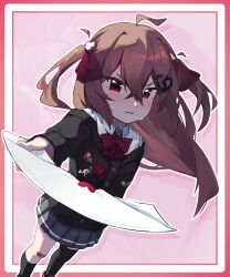  1girl 233eris absurdres ahoge asymmetrical_legwear badge bandaid bandaid_on_knee bandaid_on_leg black_cardigan black_skirt black_socks black_thighhighs blush border bow bowtie broken_heart broken_heart_hair_ornament brown_hair button_badge cardigan closed_mouth commentary dress_shirt english_commentary evil_neuro-sama feet_out_of_frame from_above from_side hair_between_eyes hair_ornament hair_ribbon heart highres holding holding_letter letter long_hair long_sleeves looking_at_viewer love_letter miniskirt off-shoulder_cardigan pleated_skirt red_bow red_bowtie red_eyes red_ribbon ribbon shirt single_sock single_thighhigh skirt skull_hair_ornament socks solo thigh-highs two_side_up uneven_legwear vedal_ai virtual_youtuber white_shirt 