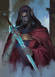  1boy absurdres beard black_hair circlet cloak concept_art cracked_sword danpurnm dungeons_&amp;_dragons exposed_teeth facial_hair fog glowing glowing_weapon headdress highres holding holding_weapon hood hooded_cloak indoors long_hair looking_at_viewer male_focus mature_male pointy_ears red_robe robe solo stone_pillar undead upper_body weapon 