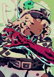  1girl artist_name bandaged_arm bandages blonde_hair closed_mouth clover_hat_ornament commentary dark-skinned_female dark_skin datcravat eyelashes green_background guilty_gear guilty_gear_strive hair_between_eyes hat highres long_hair looking_to_the_side ramlethal_valentine solo twitter_username untranslatable_commentary upper_body white_hat 