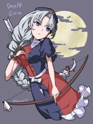  1girl aomurasaki_r arrow_(projectile) blue_eyes blue_hat bow_(weapon) brown_gloves character_name clouds commentary cross cross_print dress gloves hat highres holding holding_arrow holding_bow_(weapon) holding_weapon long_hair moon nurse_cap purple_background short_dress solo touhou twitter_username two-tone_dress very_long_hair weapon white_hair yagokoro_eirin 