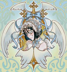  1girl 639squid absurdres alien_stage black_hair blue_choker choker closed_eyes commentary cross english_commentary headdress highres own_hands_together short_hair smile solo sua_(alien_stage) tears white_headdress white_wings wings 