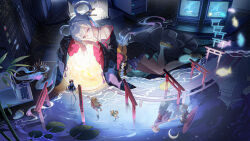  3girls absurdres bamboo bare_shoulders blonde_hair blue_eyes cho_kaguya-hime! closed_mouth commentary computer dog fushi_(cho_kaguya-hime!) hair_ornament hair_rings hair_spread_out hair_stick highres kaguya_(cho_kaguya-hime!) long_hair long_sleeves looking_at_another lying multiple_girls multiple_torii obi oil-paper_umbrella on_side runami_yachiyo sakayori_iroha sash super_h2o thighs torii two-tone_kimono umbrella waving white_hair 