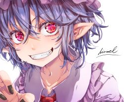  1girl absurdres artist_name black_nails commentary crossed_bangs fangs frilled_shirt_collar frills grin hair_between_eyes hat highres mob_cap nail_polish nuru_himmel pink_shirt pointy_ears portrait purple_hair red_eyes remilia_scarlet shirt short_hair signature simple_background slit_pupils smile solo touhou white_background 