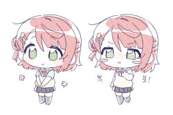  1girl :> :i black_skirt blue_shirt blush blush_stickers braid bun_with_braided_base chibi chibi_only commentary_request flower_symbol green_eyes grey_socks hair_bun hair_ornament hairclip hand_up heel_up legs_together looking_ahead love_live! love_live!_nijigasaki_high_school_idol_club medium_hair meobbab2 miniskirt neck_ribbon nijigasaki_school_uniform orange_hair parted_bangs pink_ribbon ribbon school_uniform shirt short_sleeves simple_background single_side_bun skirt socks standing standing_on_one_leg star_(symbol) star_hair_ornament summer_uniform sweater_vest translation_request uehara_ayumu v-shaped_eyebrows v_arms yellow_sweater_vest 