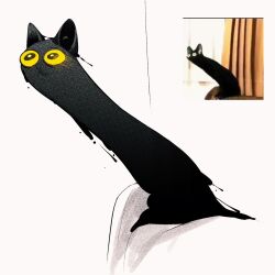  animal_ears animal_focus black_cat cat cat_ears colehairlesscat dripping english_commentary highres long_neck original reference_inset slime_(substance) white_background yellow_eyes 