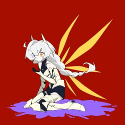  1girl absurdres ahoge bare_shoulders braid chinese_commentary closed_mouth commentary_request constricted_pupils cross from_behind full_body gaykui hair_between_eyes hair_intakes hair_ornament headpiece heterochromia highres honkai_(series) honkai_impact_3rd kiana_kaslana kiana_kaslana_(knight_moonbeam) kiana_kaslana_(void_drifter) long_hair looking_at_viewer looking_to_the_side on_ground red_background scared shade shirt sitting solo suit surprised twin_braids wariza white_shirt wide-eyed wings 