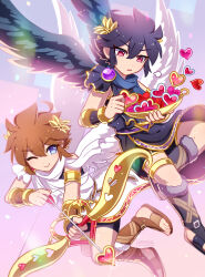  2boys absurdres angel angel_wings arrow_(projectile) bike_shorts black_hair black_tunic black_wings blue_eyes bow_(weapon) brown_hair closed_mouth cupid dark_pit enni feathered_wings gladiator_sandals heart heart_arrow highres kid_icarus laurel_crown male_focus multiple_boys one_eye_closed parted_lips pit_(kid_icarus) puff_of_air red_eyes sandals short_hair sigh smile tunic weapon white_tunic white_wings wings 
