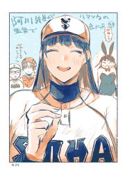  1girl 2boys :d ^_^ agawa-sensei_(sankyuu_pitch) angry animal_ears asumi_chikyuu baseball_cap baseball_jersey baseball_uniform blush closed_eyes commentary fake_animal_ears glasses hand_up happy hat highres ino_akindo jersey kobori_heita leotard long_hair mole mole_under_eye multiple_boys playboy_bunny print_shirt rabbit_ears sankyuu_pitch shirt smile speech_bubble sportswear strapless strapless_leotard teacher_and_student translation_request turtleneck untranslatable_commentary upper_body 