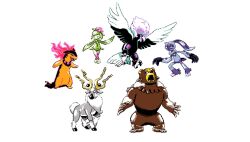  1girl 5others alternate_form antlers beak brown_fur clawed_feet claws closed_eyes curtsey fangs feather_hair feather_tail fire flower flower_on_head forehead_jewel grey_fur highres hisuian_braviary hisuian_lilligant hisuian_typhlosion hooves horns mane monster_girl multiple_others no_humans open_mouth parody pixel_art plant_girl plant_hair pokemon pokemon_(creature) pokemon_gsc pokemon_gsc_(style) pokemon_legends:_arceus simple_background sindorman smirk sneasler source_request style_parody talons ursaluna white_background white_fur wings wyrdeer 