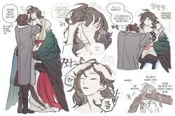  2boys animal_feet bird_legs bird_tail bird_wings brown_hair brown_wings chinese_clothes claws coat commentary_request feathered_wings g0ng_g0ng getian_(reverse:1999) grey_coat hands_in_another's_hair hanfu harpy_boy korean_commentary korean_text male_focus monster_boy multiple_boys name_day_(reverse:1999) reverse:1999 short_hair simple_background tail translation_request white_background white_hanfu wings 