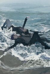  1boy 1girl absurdres bandaged_hand bandages beach black_hair black_jacket black_pants bow bowtie hashtag-only_commentary highres jacket kenmochi_touya kenmochi_touya_(1st_costume) long_hair looking_up lying nijisanji notfound ocean on_back open_clothes open_jacket outdoors outstretched_arm pants purple_hair sand school_uniform shore short_hair thigh-highs tsukino_mito tsukino_mito_(1st_costume) virtual_youtuber white_thighhighs 