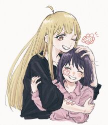  2girls ^_^ black_shirt blonde_hair cho_kaguya-hime! closed_eyes commentary_request grin hanamaru hand_on_another's_head highres hug ichi27ichi kaguya_(cho_kaguya-hime!) long_hair long_sleeves looking_at_another looking_down marking_on_cheek mole mole_under_eye multiple_girls pink_shirt purple_hair sakayori_iroha shirt simple_background smile upper_body white_background yuri 