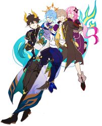  1girl 3boys ^_^ astral_express_(honkai:_star_rail) belt black_hair blue_hair caelus_(honkai:_star_rail) chain closed_eyes crossed_arms dan_heng_(honkai:_star_rail) dan_heng_(permansor_terrae)_(honkai:_star_rail) dragon_boy dragon_horns dragon_tail evernight_(honkai:_star_rail) flower full_body gauntlets gloves gradient_hair grey_hair hadanugi_dousa hair_between_eyes hair_flower hair_ornament halo halo_behind_head hand_on_another's_shoulder happy head_wings highres honkai:_star_rail honkai_(series) horns jacket long_hair march_7th_(honkai:_star_rail) multicolored_hair multiple_boys pants pink_hair pointy_ears sakae_0_0 shirt shoes sunday_(honkai:_star_rail) tail tailcoat teeth trailblazer_(honkai:_star_rail) upper_teeth_only very_long_hair white_background wings 