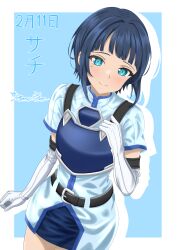  1girl absurdres armor artist_name belt black_belt blue_armor blue_background blue_dress blue_eyes blue_hair blunt_bangs border chest_guard closed_mouth commentary_request cowboy_shot dated dress drop_shadow elbow_gloves english_commentary gloves highres light_blush looking_at_viewer medium_hair mixed-language_commentary outside_border pencil_dress phanuchan raised_eyebrows sachi_(sao) short_sleeves sidelocks signature simple_background smile solo standing sword_art_online translation_request turtleneck turtleneck_dress watermark white_border white_gloves 