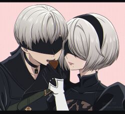  1boy 1girl 2b_(nier:automata) 9s_(nier:automata) black_choker black_dress black_gloves black_hairband black_jacket blindfold candy chocolate choker closed_mouth dress english_commentary feeding food gloves grey_hair hairband heart heart-shaped_chocolate heart-shaped_food hetero highres holding holding_chocolate holding_food jacket lips mole mole_under_mouth nier:automata nier_(series) open_mouth pink_background puffy_sleeves shirl_geem short_hair turtleneck turtleneck_dress upper_body valentine 