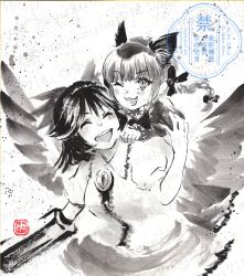  2girls :3 ;d ^_^ absurdres animal_ears behind_another bow braid cat_ears closed_eyes control_rod_(touhou) eye_brooch feathered_wings greyscale hair_bow hair_ribbon hands_on_another's_shoulders highres ink_splatter kaenbyou_rin monochrome multiple_girls one_eye_closed reiuji_utsuho ribbon slit_pupils smile sumi-e touhou twin_braids upper_body wings yuzuha_(yuzutime) 