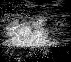  1girl bridge broom broom_riding commentary_request dress fireworks flying grass greyscale hat highres kirisame_marisa lake monochrome moon outdoors sketch sky solo super-flat-world touhou wide_shot witch_hat 