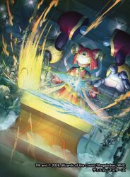  1girl 2026 assault_visor chain closed_mouth commentary_request copyright_notice duel_masters extra_arms fanny_pack gloves hagoromo hammer holding holding_hammer indoors miroku_(duel_masters) momose_hisashi official_art red_gloves robot_girl shawl solo sword weapon 