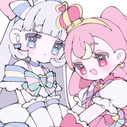  2girls :d :o blonde_hair blue_choker blue_eyes blunt_bangs blush bow bowtie choker commentary cure_nyammy cure_wonderful dress green_bow green_bowtie grey_hair hairband inukai_komugi long_hair magical_girl multicolored_hair multiple_girls nekoyashiki_yuki open_mouth pink_hair precure purple_bow purple_bowtie red_eyes short_sleeves simple_background smile streaked_hair striped_bow striped_bowtie striped_clothes two-tone_hair untranslatable_commentary upache upper_body white_background white_dress wonderful_precure! yellow_hairband 