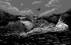  2girls apron bat_wings closed_mouth commentary_request crescent_moon crossed_arms floating flying frilled_skirt frills full_body greyscale hat hat_ribbon highres izayoi_sakuya lake maid maid_headdress medium_hair monochrome moon multiple_girls night outdoors remilia_scarlet ribbon shirt shoes skirt sky smile super-flat-world touhou waist_apron wide_shot wings 