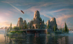  absurdres blue_sky bush clouds commentary day english_commentary flock gradient_sky highres lake landscape original palace pillar raphael-lacoste reflection reflective_liquid scenery science_fiction signature sky smoke spacecraft sunlight tower tree water yellow_sky 