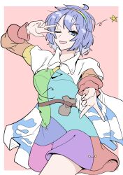  1girl ;d absurdres bag blue_eyes blue_hair border cape commentary_request dress hairband highres kakineko long_sleeves looking_at_viewer multicolored_hairband one_eye_closed open_mouth red_background short_hair simple_background smile solo star_(symbol) starry_sky_print tenkyuu_chimata touhou w white_border white_cape 