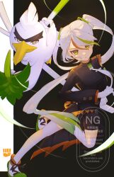  1girl armband bike_shorts bird black_background black_dress commentary_request delinquent detached_sleeves dress duck eyeshadow farfetch'd fighting_miku_(project_voltage) food galarian_farfetch'd gloves gradient_hair green_armband green_eyes hair_between_eyes hatsune_miku highres holding holding_food holding_spring_onion holding_vegetable long_dress long_hair makeup multicolored_hair necktie orange_trim pokemon pokemon_(creature) project_voltage shoes side_slit single_detached_sleeve sirfetch'd sneakers spring_onion sukeban thigh-highs tonbo_(tonbo63194) triangle_print twintails vegetable very_long_hair vocaloid watermark white_gloves white_hair white_necktie 