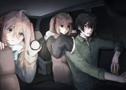  1boy 2girls ahoge aqua_bow aqua_bowtie bent_over black_dress black_eyes black_hair blue_eyes blue_sailor_collar bow bowtie broken_heart broken_heart_hair_ornament brown_hair can car car_interior car_seat cardigan closed_mouth collared_shirt dgucedunno dress evil_neuro-sama flashlight frilled_dress frills frown green_shirt hair_between_eyes hair_ornament hair_ribbon heart heart_hair_ornament highres holding holding_can holding_flashlight kneeling light_blush looking_at_another messy_hair motor_vehicle multiple_girls neuro-sama night off-shoulder_dress off_shoulder official_alternate_costume open_mouth red_eyes ribbon sailor_collar shirt short_dress short_hair siblings sisters sleeves_past_fingers sleeves_past_wrists sleeves_rolled_up twins two_side_up vedal987 vedal_ai wide_sleeves yellow_cardigan 
