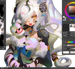  1girl :d animal_ears animal_hands art_program_in_frame black_shrug cloud_(lufaeris) commentary english_commentary hair_over_one_eye long_hair looking_at_viewer one_eye_covered open_mouth original parted_bangs shrug_(clothing) smile solo tail unfinished upper_body white_background white_hair yellow_eyes 