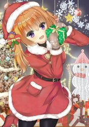  1girl :d alternate_costume belt black_belt black_pantyhose blush boots bow box brown_mittens cafe_stella_to_shinigami_no_chou christmas christmas_ornaments christmas_tree commentary_request cowboy_shot dress eyes_visible_through_hair fur-trimmed_dress fur-trimmed_headwear fur_trim gift gift_box hair_between_eyes hair_bow hair_ornament hands_up happy hat highres holding holding_gift kusaya01411 leaf_hair_ornament long_hair looking_at_viewer lower_teeth_only mistletoe mittens open_mouth orange_hair pantyhose red_boots red_bow red_dress red_hat santa_costume santa_dress santa_hat smile snowflakes snowman solo standing standing_on_one_leg star_(symbol) sumizome_nozomi teeth twintails violet_eyes 