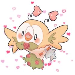  bird blush english_commentary flower flying heart highres holding holding_flower luvdisc no_humans o_o open_mouth owl pokemon pokemon_(creature) rose rowlet sharowolet solo valentine white_background 