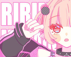  1girl :o absurdres black_collar black_jacket blunt_bangs blush_stickers clenched_hand collar colored_inner_hair commentary grey_hair hair_intakes hand_up highres jacket looking_up makaino_ririmu makaino_ririmu_(6th_costume) msama_yade multicolored_hair multicolored_hair_bobbles nail_polish nijisanji no_headwear o-ring_collar open_clothes open_jacket pink_background pink_hair pink_jacket pink_nails pink_streaks pink_theme plaid_clothes pointy_ears polka_dot portrait red_eyes short_hair sleeves_past_wrists solo spiked_collar spikes split_crop streaked_hair text_background two-sided_fabric two-sided_jacket two-tone_hair two_side_up untranslatable_commentary upturned_eyes virtual_youtuber wolf_cut 