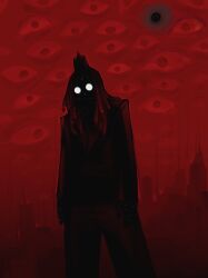  1other black_sun cityscape colehairlesscat cowboy_shot crown dreadlocks glowing glowing_eyes highres long_hair multicolored_eyes original red_background starry_skin sun two-tone_eyes 