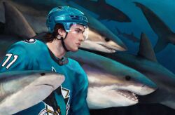  1boy animal brown_hair closed_mouth commentary english_commentary from_side great_white_shark helmet highres hockey_helmet hockey_sweater i5abellas macklin_celebrini male_focus national_hockey_league original real_life san_jose_sharks shark sharp_teeth solo teeth upper_body 