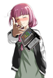  1girl ahoge black_jacket black_nails blunt_bangs blush bocchi_the_rock! brand_name_imitation closed_eyes cowboy_shot dress green_dress hand_in_pocket hiroi_kikuri jacket meme multicolored_jacket nose_blush pink_hair sidelocks solo tirol_chocolate torako_(toramaru) two-tone_jacket valentine white_background white_sleeves woe_plague_be_upon_ye_(meme) 