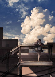  1girl absurdres aikawa_megumi asukake_project backlighting black_jacket black_shorts blue_sky building cigarette clouds cloudy_sky commentary_request contrail cumulonimbus_cloud heaven_burns_red highres holding holding_cigarette jacket looking_at_viewer open_clothes open_jacket outdoors ponytail power_lines purple_hair railing scenery shirt short_shorts shorts sky solo standing white_shirt 