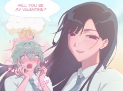  2girls alien_stage arrow_through_heart birthday black_eyes black_hair blush collared_shirt commentary english_commentary english_text genderswap genderswap_(mtf) green_eyes grey_hair heart highres ivan_(alien_stage) long_hair medium_hair multiple_girls myos_otiis open_mouth red_pupils shirt smile speech_bubble till_(alien_stage) white_shirt yuri 