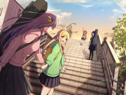  4girls absurdres ahoge arm_up backpack bag black_pantyhose black_skirt black_sweater blonde_hair blue_hair blue_skirt bocchi_the_rock! bow bowtie brown_shoes clouds commentary_request cube_hair_ornament dutch_angle evening gotoh_hitori gradient_sky green_jacket guitar_case hair_ornament highres holding_hands hood hood_down hooded_jacket ijichi_nijika instrument_case jacket kessoku_band kita_ikuyo lamppost long_hair looking_at_another looking_to_the_side miniskirt multiple_girls outdoors pantyhose pink_hair pink_jacket red_bow red_bowtie red_eyes red_hair school_uniform serafuku shimokitazawa_high_school_uniform shoes short_hair shuka_high_school_uniform side_ponytail skirt sky slice_of_life stairs standing sweater track_jacket tree turning_head user_ywuy7882 waving yamada_ryo 