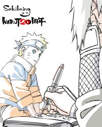  2boys flak_jacket forehead_protector highres jacket jiraiya_(naruto) konohagakure_symbol looking_at_another male_focus multiple_boys naruto_(classic) naruto_(series) orange_jacket sekibeing spiky_hair teacher_and_student uzumaki_naruto writing 
