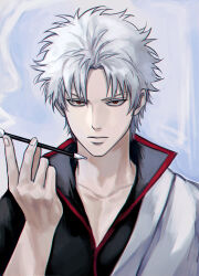  1boy bin_(binonep) black_jacket closed_mouth collarbone gintama hadanugi_dousa highres holding holding_smoking_pipe jacket japanese_clothes kimono kiseru looking_at_viewer male_focus red_eyes sakata_gintoki short_hair smoke smoking_pipe solo white_hair white_kimono 