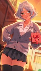  1girl :d absurdres afro_puffs asticassia_school_uniform black_thighhighs blush box breasts commentary_request dark-skinned_female dark_skin dress full_body gift green_eyes grey_hair gundam gundam_suisei_no_majo happy_valentine highres holding holding_gift large_breasts long_sleeves looking_at_viewer nekomiya_mizuki open_mouth outdoors pleated_dress school school_uniform secelia_dote shirt short_dress short_hair smile solo thigh-highs thighs white_nails white_shirt 