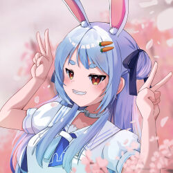  1girl absurdres animal_ears black_ribbon blue_hair blue_neckerchief breasts carrot_hair_ornament cherry_blossoms choker commentary_request double_bun double_v dress evil_smile extra_ears falling_petals food-themed_hair_ornament grin hair_bun hair_ornament hair_over_shoulder hair_ribbon hairclip hands_up highres hololive long_hair looking_at_viewer neckerchief no_jacket official_alternate_costume official_alternate_hairstyle orange_eyes parallel_hairclips petals puffy_short_sleeves puffy_sleeves rabbit-shaped_pupils rabbit_ears ribbon sailor_collar sailor_dress short_eyebrows short_sleeves side_up_bun sidelocks small_breasts smile solo swept_bangs symbol-shaped_pupils thick_eyebrows upper_body usada_pekora usada_pekora_(casual) v v-shaped_eyebrows virtual_youtuber w_arms white_choker white_dress white_sailor_collar white_streaks yuika_nia 